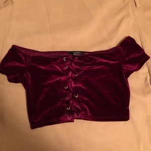 Forever 21 Maroon Velvet Lace Up Crop T Shirt